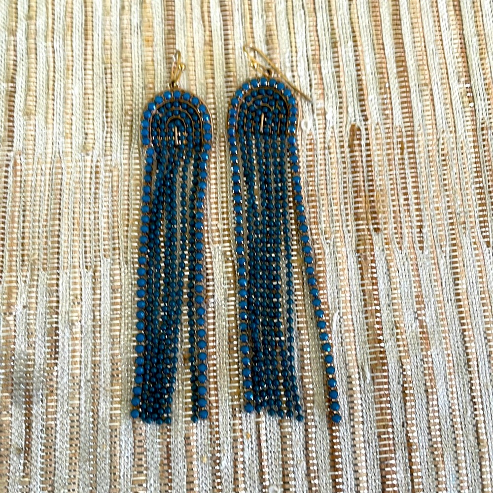 Swingy Blues and gold drop earrings, French wires, and 3 1/2” l x 3/4” w